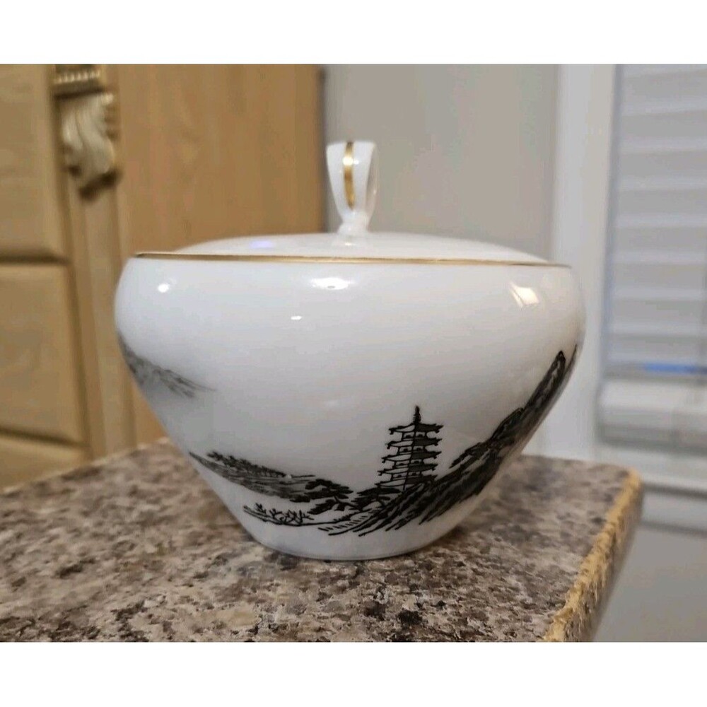 Fukagawa Arita 903 Hand Painted Landscape Lidded Sugar Bowl MINT Gold Trim